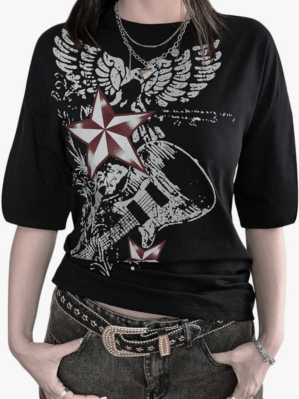 Black Graphic Star Guitar Tee - Women